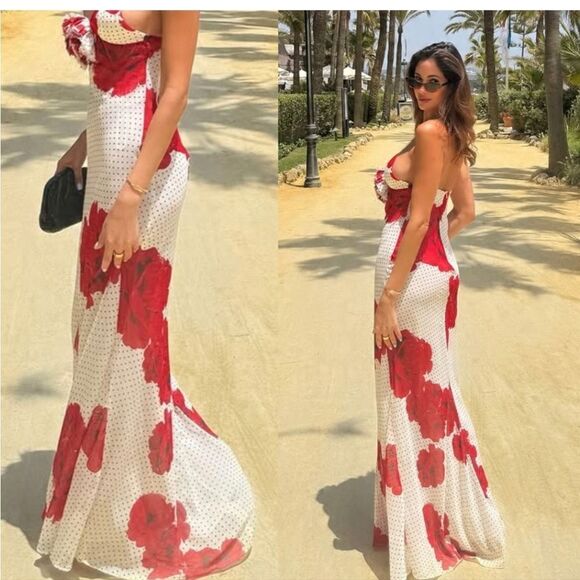NWT Zara FLORAL PRINT LONG DRESS Polka Dot White And Red Flower - Picture 6 of 16